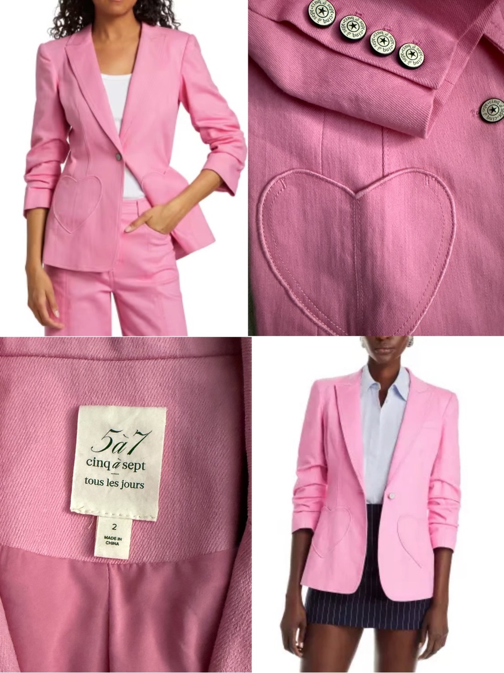 cinq a sept Louisa Pink Heart-Embroidered Blazer